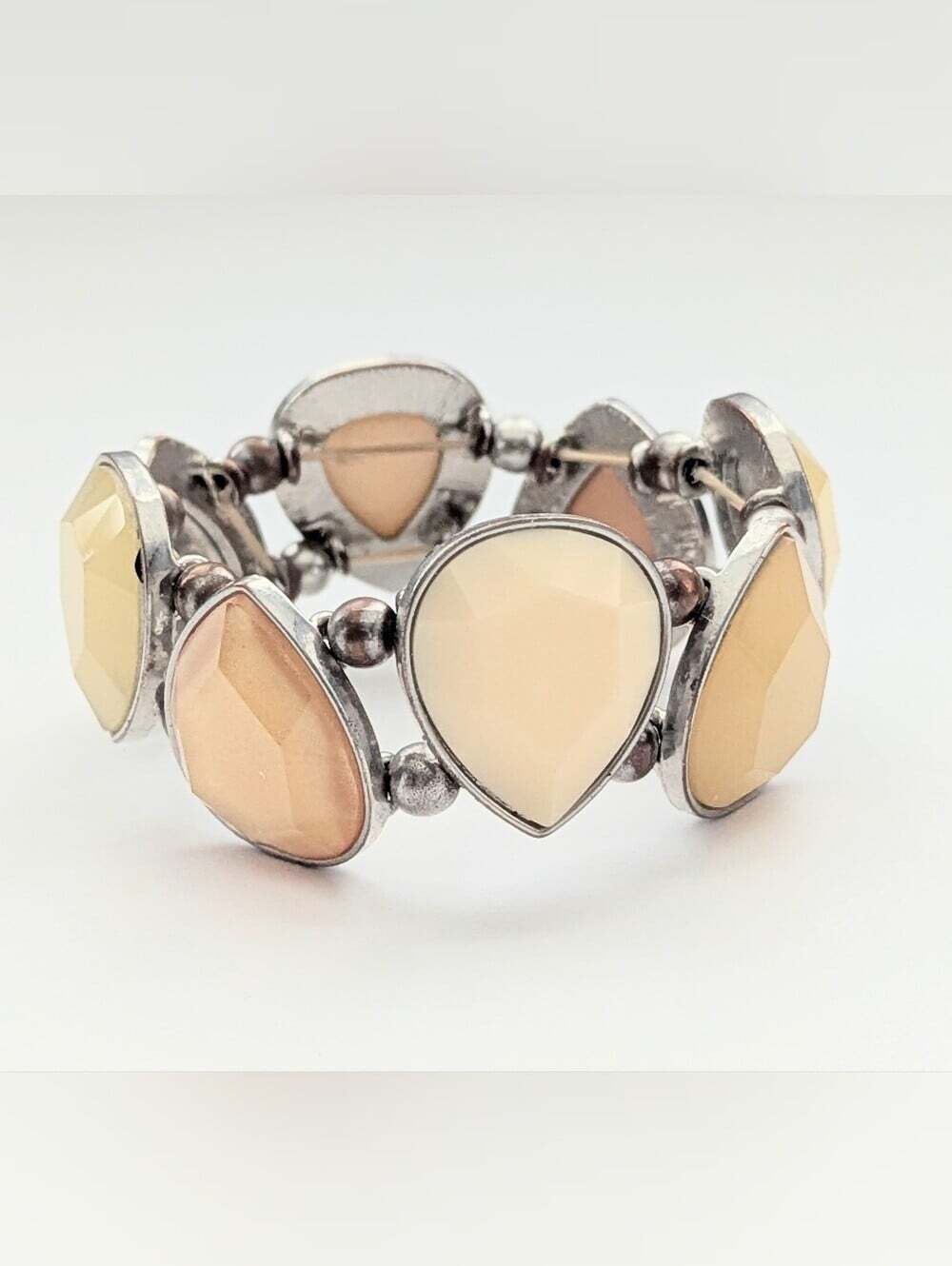 Stretchable Coral Colored Teardrop Bracelet w/Silver-Tone Frames & Beads